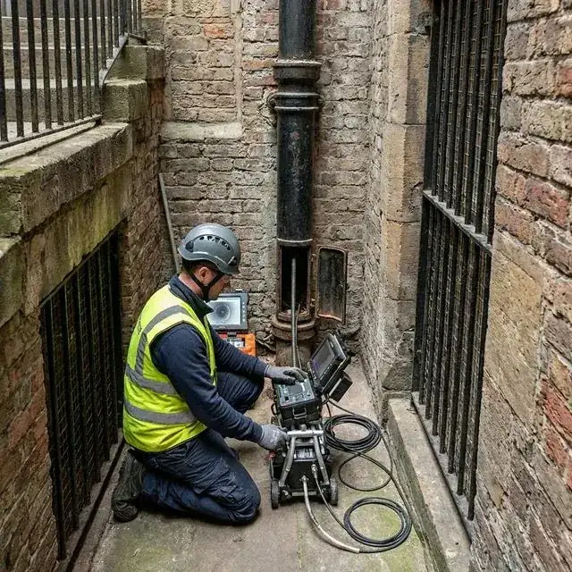 Técnico realizando desatasco de tuberías en Albacete