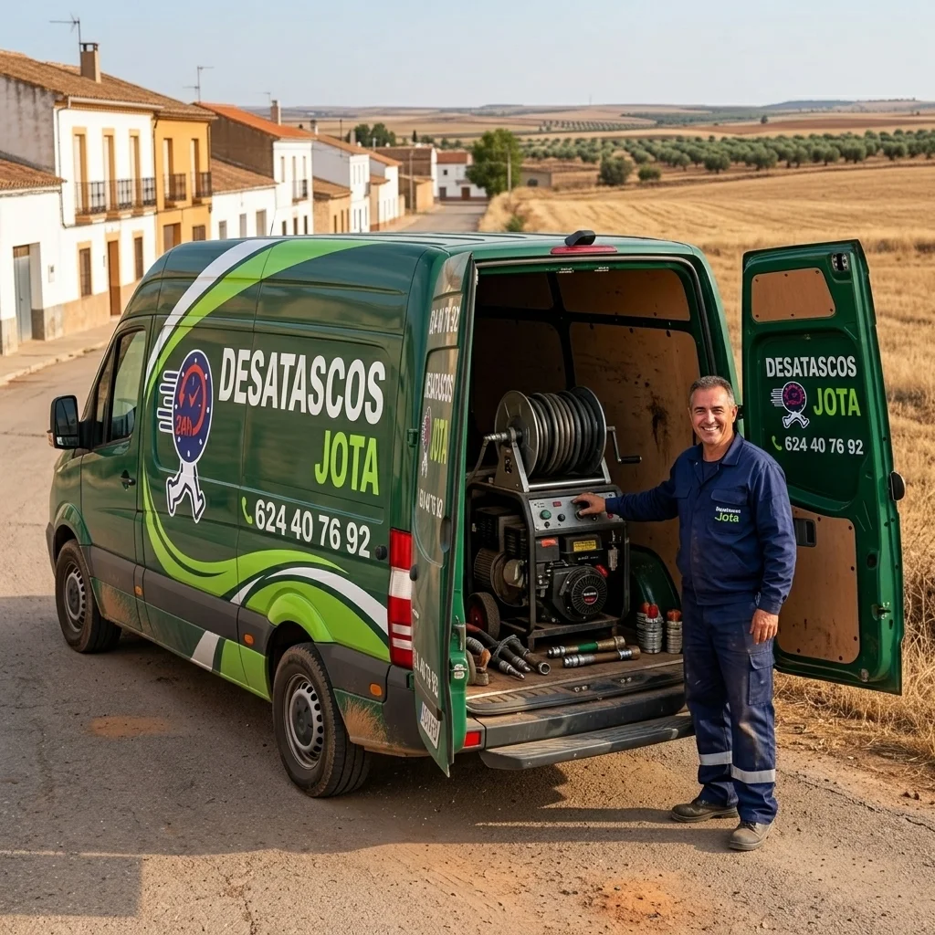 Furgoneta de desatascos de Desatascos Jota realizando un servicio de desatascos en Campo de Criptana